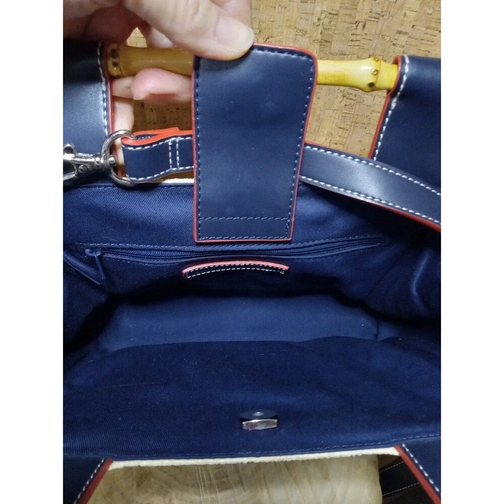 Tommy Hilfiger Woven Straw Handbag Crossbody Purse Navy Red Bamboo Handles